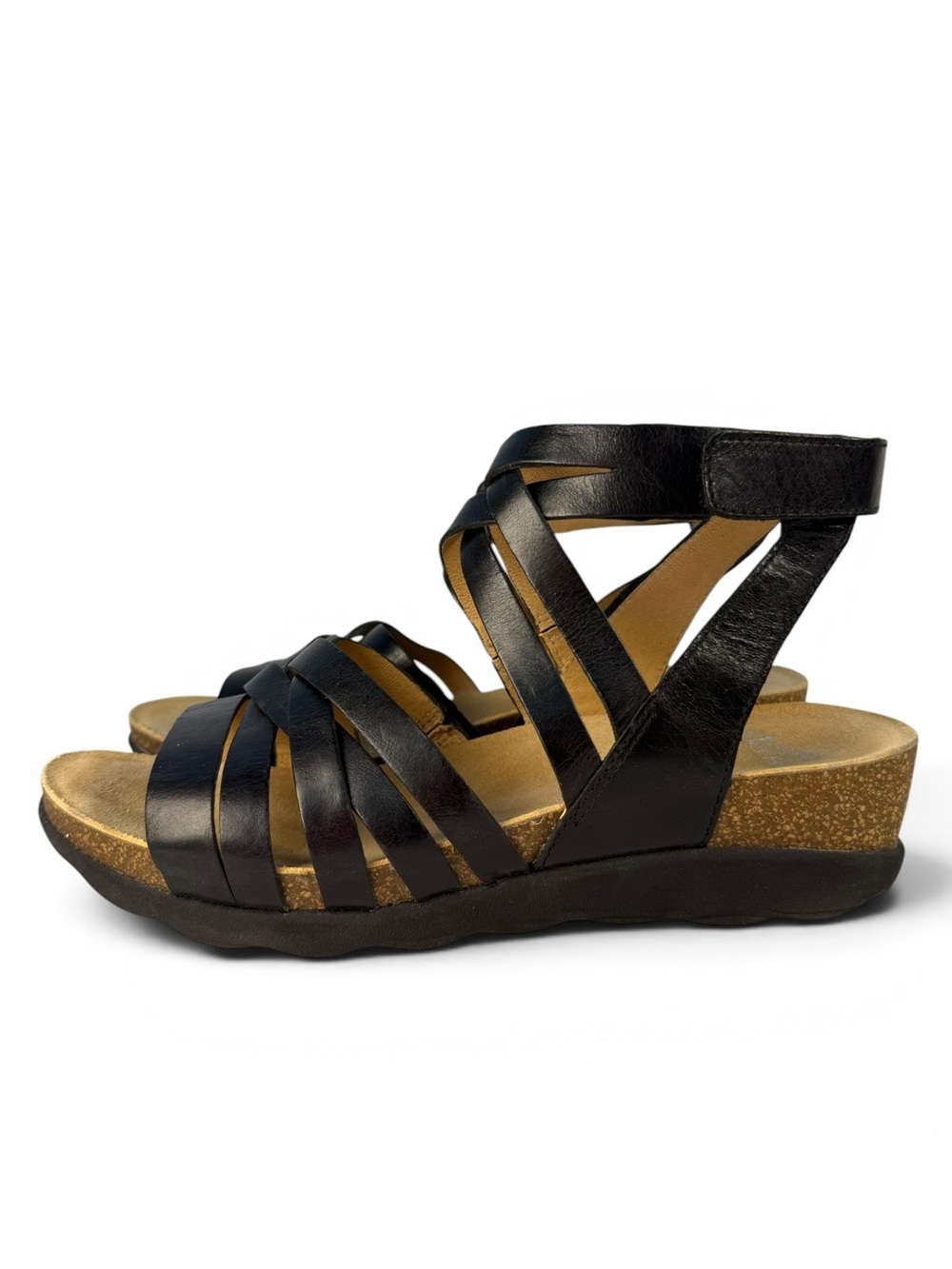 Dansko Black Leather Strappy Sandals Velcro Ankle Strap Comfort Wedge Size 40